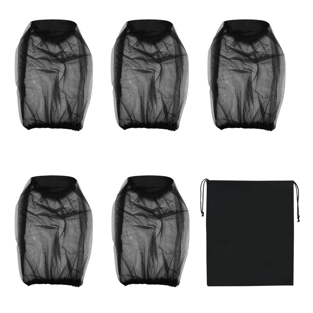 5 PCS Midge Head Net with Drawstring Bag, Midge Net Head Cover, Smidge Head Net, Fine Mesh Insect Netting Mosquito Head Net for Outdoor, Hiking, Camping, Climbing, Fishing, Midge Net Hat Hood, (Black)
