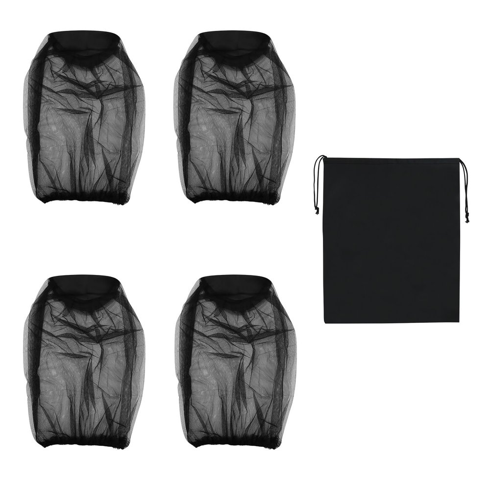 4 Pcs Midge Head Net with Drawstring Bag, Nylon Mosquito Head Protecting Net Midge Net Head Cover Fly Insects Bugs Preventing Cover for Outdoor Hiking Camping Fishing Climbing Walking Black