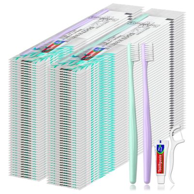 Disposable Toothbrush and Toothpaste Travel Set, Comes with Floss Picks, Individually Packaged, 2 Colors, Suitable for Hotel, Home, Travel (PACK-100)