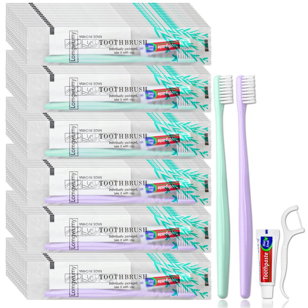Disposable Toothbrush & Toothpaste Travel Set, Comes with Floss Picks, Individually Packaged, 2 Colors, Suitable for Hotel, Home, Travel (PACK-200)