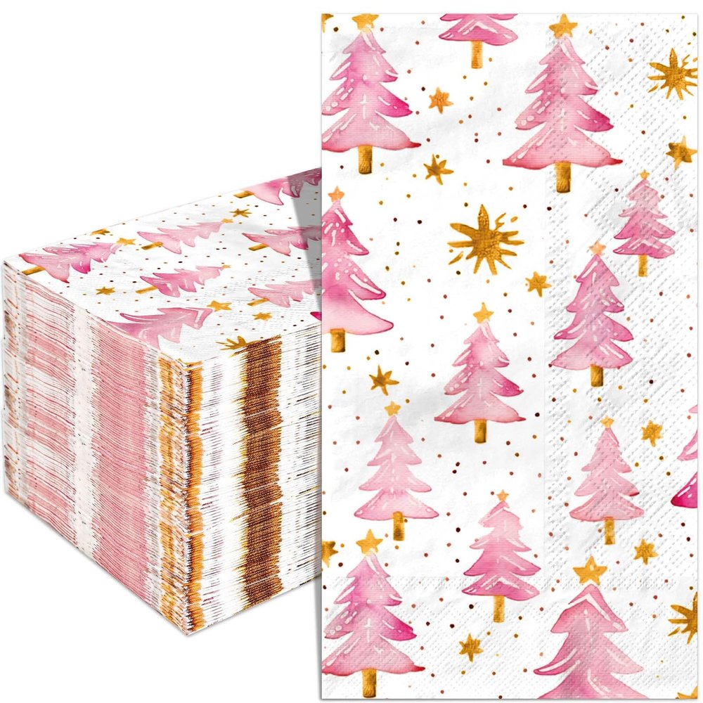 100 Pack Christmas Paper Napkins Pink Xmas Tree Printed Disposable Guest Napkins Decorative Hand Towel for Home Kitchen Bathroom Winter Christmas Holidays Party Tableware Supplies