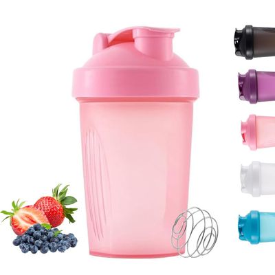 Basuit Protein Shaker Bottle, Shaker with Stainless Steel Mixing Ball, BPA- and DEHP-free, Dishwasher Safe, Leakproof Flip On Lid, Black, 400 ml(Pink)