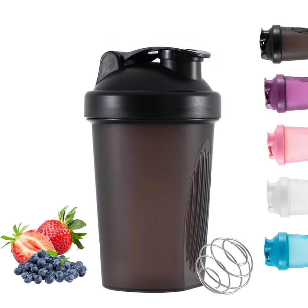 Basuit Protein Shaker Bottle, Shaker with Stainless Steel Mixing Ball, BPA- and DEHP-free, Dishwasher Safe, Leakproof Flip On Lid, Black, 400 ml(Black)