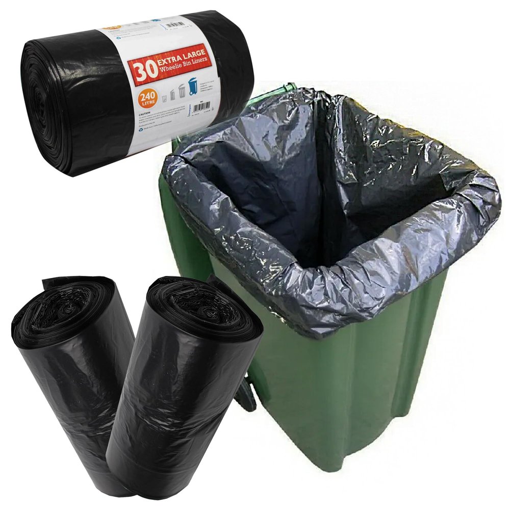 240L Large Black Heavy Duty Wheelie Bin Refuse Rubbish Garbage Sacks For Outdoors (30 Bags)