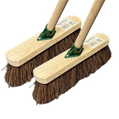 10 STIFF Broom Indoor with Wooden Handle Natural Bassine Bristles Sweeping Brush with Durable Support Bracket for Cleaning Any Surface Wooden Floor Decking and Paving Slabs (Pack of 2)
