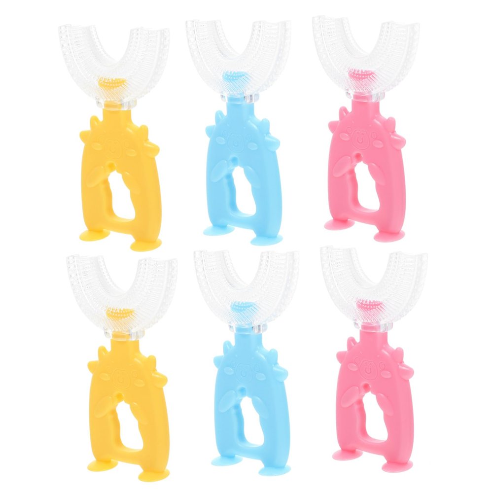 PLAFOPE 6pcs Kids U-Shaped Toothbrush Set Soft Silicone Brush Heads 360-degree Manual Oral Cleaning Tool for Boys and Girls
