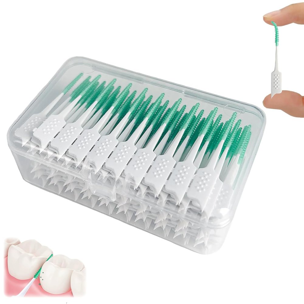 200 Pieces Interdental Brushes Green, Tooth Picks Floss Sticks, Floss Brushes, Dental Tools for Braces Oral Cleaning, Braces Cleaning Kit
