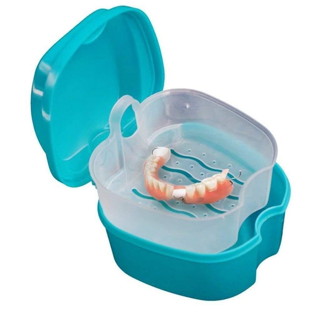 Denture Case Box, Sweeethome Denture Cup Strainer Denture Bath Cups Bath Dentures Container with Basket False Teeth Denture Holder for Travel, Cleaning, Store, Retainer Denture Case (Blue)