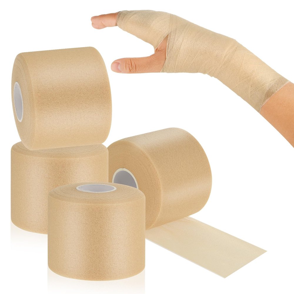 Abeillo 4 Rolls Pre Wrap Tape Foam Underwrap Tape, Non-Adhesive Protective Foam Wrap Soft Sports Tapes for Hair Ankles Wrists Hands and Knees, 2.4 Inches x 22 Yards(Beige)