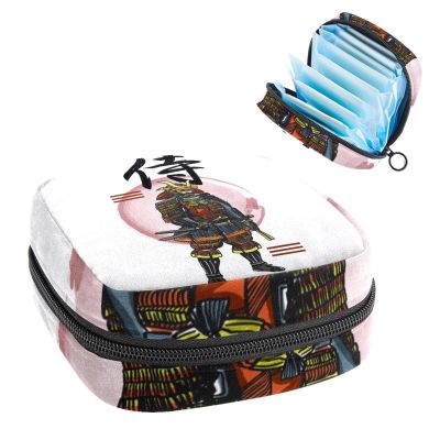 Sanitary Napkin Storage Bag, Menstrual Cup Pouch Tampon Bag, Period Pads Holder Organizer for Women Girls, Japanese Letters Samurai with Abstract Element