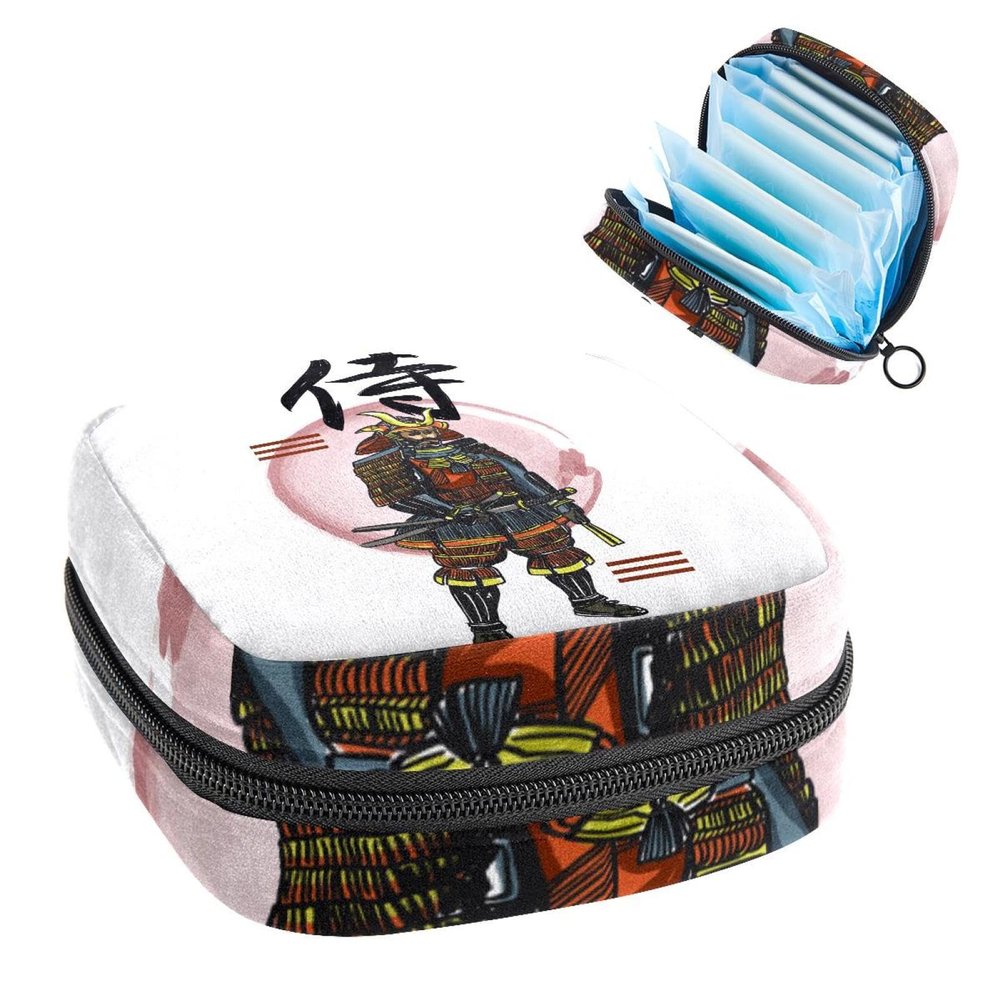 Sanitary Napkin Storage Bag, Menstrual Cup Pouch Tampon Bag, Period Pads Holder Organizer for Women Girls, Japanese Letters Samurai with Abstract Element
