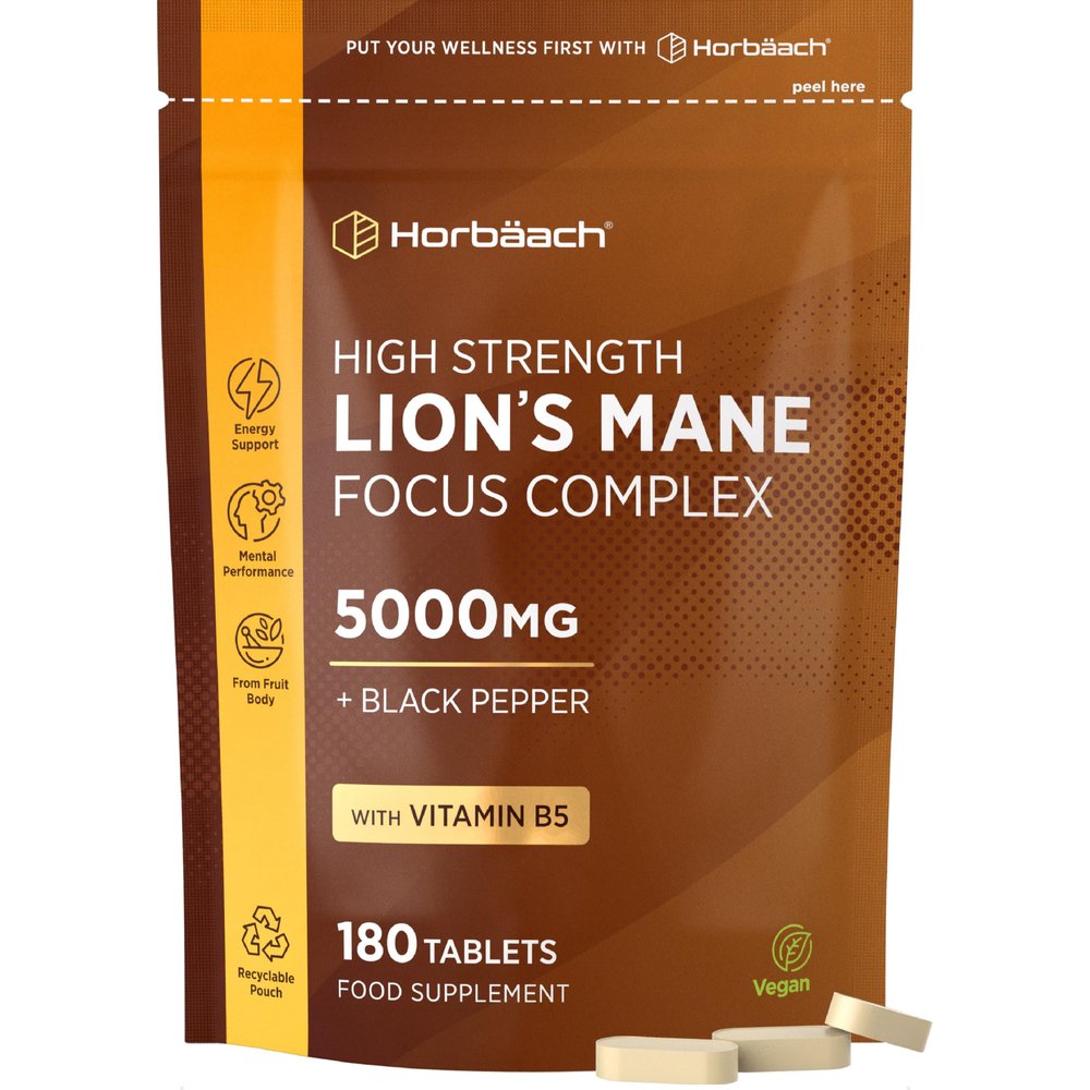 Lions Mane Supplement 5000mg with Vitamin B5 & Black Pepper | Focus Complex & Mental Performance Supplement | Lion's Mane Mushroom 12:1 Extract | 180 Vegan Tablets (Not Capsules) | by Horbaach