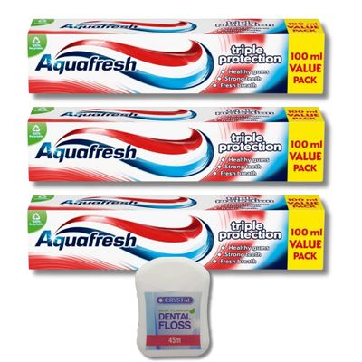 Aquafresh Triple Protection Toothpaste Bundle - Includes 3 x 100ml Tubes of Aquafresh Triple Protection Toothpaste & 1 x 45m Crystal Dental Floss - Complete Oral Hygiene Kit by Kevagh