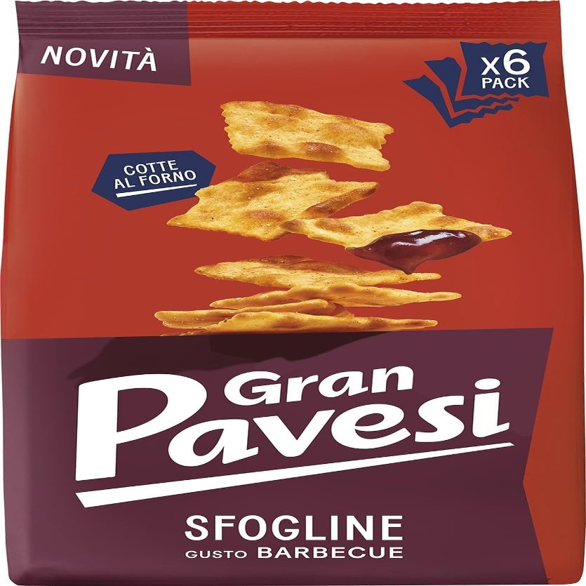 Gran Pavesi Cracker Le Sfogline Gusto Barbecue, Baked, Savory and Crispy Snack, Palm Oil Free, Pack of 6 Single Portions 30 g