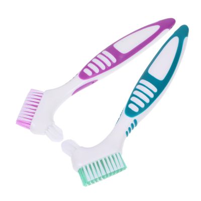 Gogogmee Denture Cleaning Toothbrush 2pcs Dual Heads Denture Brush with Non-Slip Large Handle for False Teeth Care at Home and Travel
