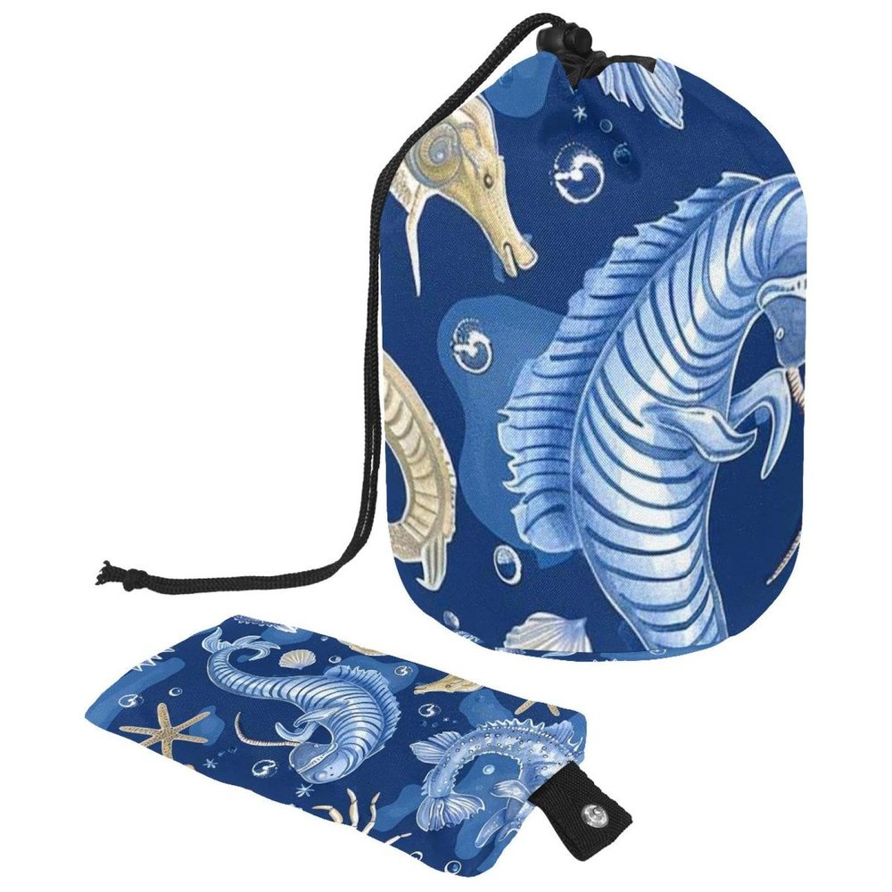 Travel Cosmetic Bags Bucket Makeup Bag, Ocean Sea Horse Shells Starfish Conch Crab Women Portable Foldable Cases, Multifunctional Toiletry Bucket Bags Round Organizer Storage