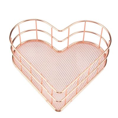 Metal Desktop Storage Basket, Heart Shaped Iron Grid, Storage Tray, Storage Organiser for Office, Living Room, Bathroom (Rose Gold)