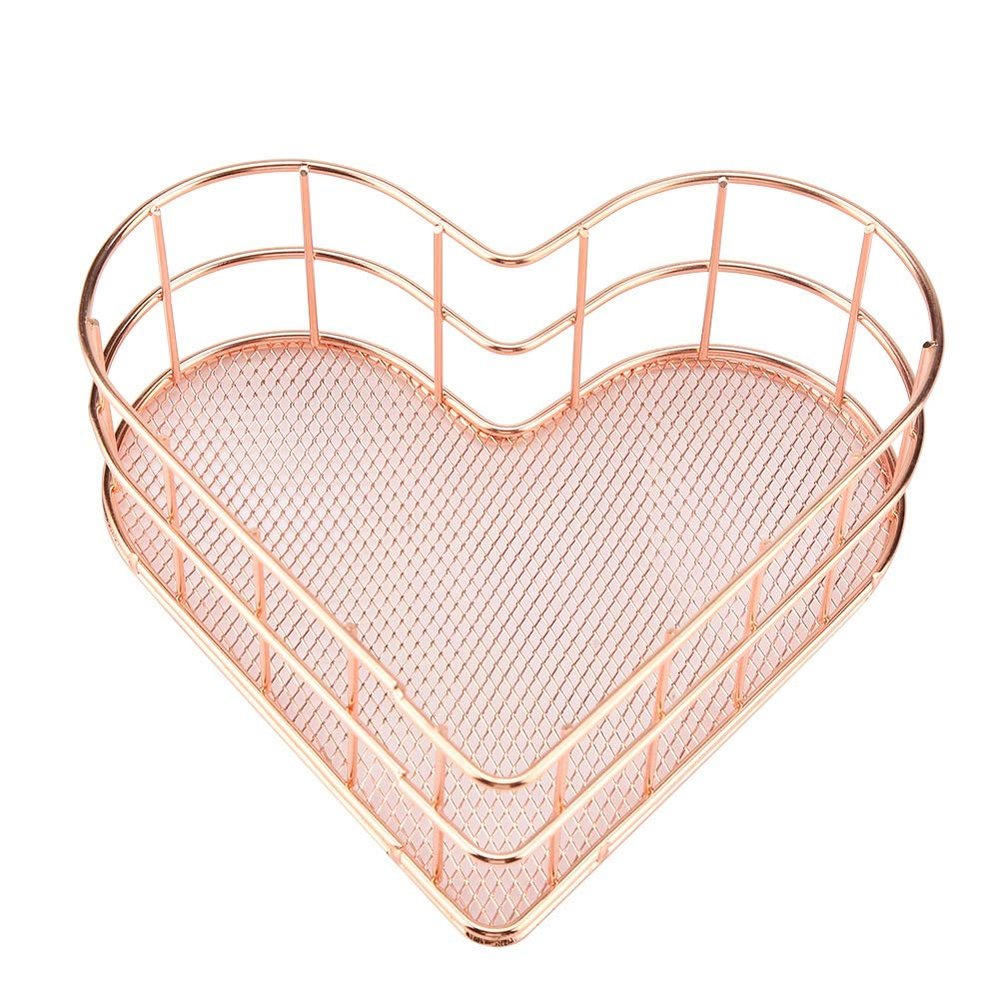 Metal Desktop Storage Basket, Heart Shaped Iron Grid, Storage Tray, Storage Organiser for Office, Living Room, Bathroom (Rose Gold)
