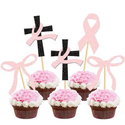 Cyodoos 24 PCS Breast Cancer Awareness Cupcake Toppers Glitter Pink Ribbon Perfect for Breast Cancer Awareness Party Cake Decorations