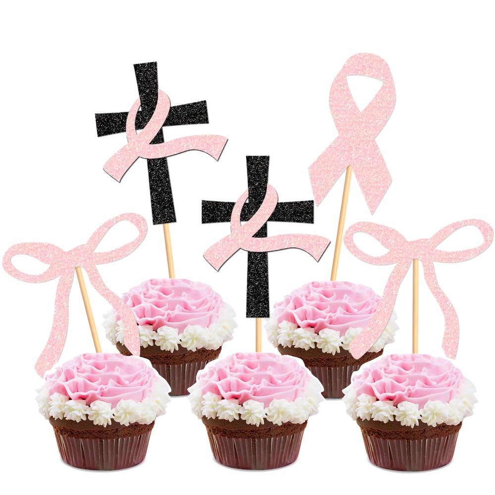 Cyodoos 24 PCS Breast Cancer Awareness Cupcake Toppers Glitter Pink Ribbon Perfect for Breast Cancer Awareness Party Cake Decorations