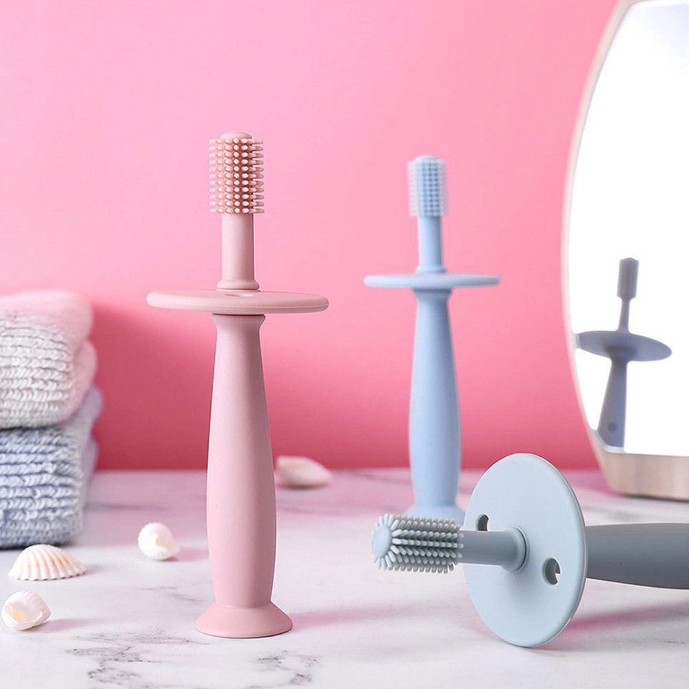 Silicone Teething Toothbrush,360Baby Toothbrush with Suction Base - Silicone Gum Massagers Toothbrush Teethers for 6-12 Months Babies Teething Toys for Babies Holdes