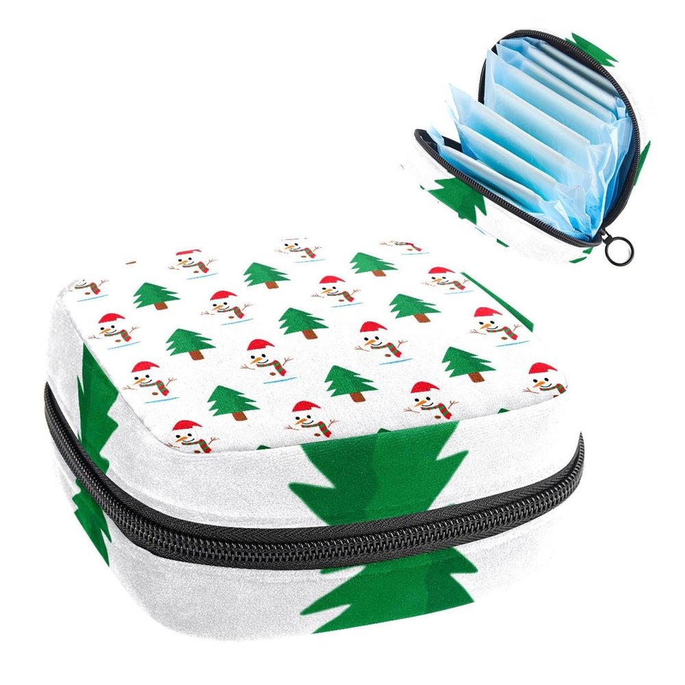 Period Bags for School, Sanitary Napkin Storage Purse, Zipper Menstrual Cup Pouch, Tampon Bags for Women Merry Christmas Snowman Tree-905