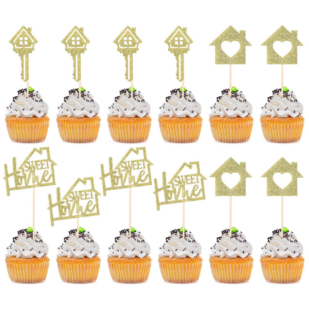 24 Pcs Sweet Home Cupcake Toppers Gold Glitter Key New Home Cupcake Picks Housewarming Party Decorations House Warming Decoration Party Housewarming Cake Decorations Housewarming Party Favors