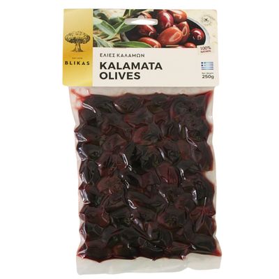 Blikas Greek Kalamata Olives  Pack of 2 x 250g (Total 500g)  Whole Black Kalamata Olives in Brine  Authentic Greek Flavour