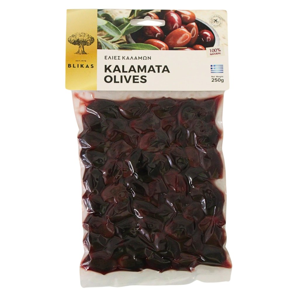 Blikas Greek Kalamata Olives  Pack of 2 x 250g (Total 500g)  Whole Black Kalamata Olives in Brine  Authentic Greek Flavour