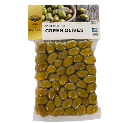 Blikas Greek Green Olives  Pack of 2 x 250g (Total 500g)  Handpicked, Whole Green Olives in Brine  Authentic Mediterranean Flavour
