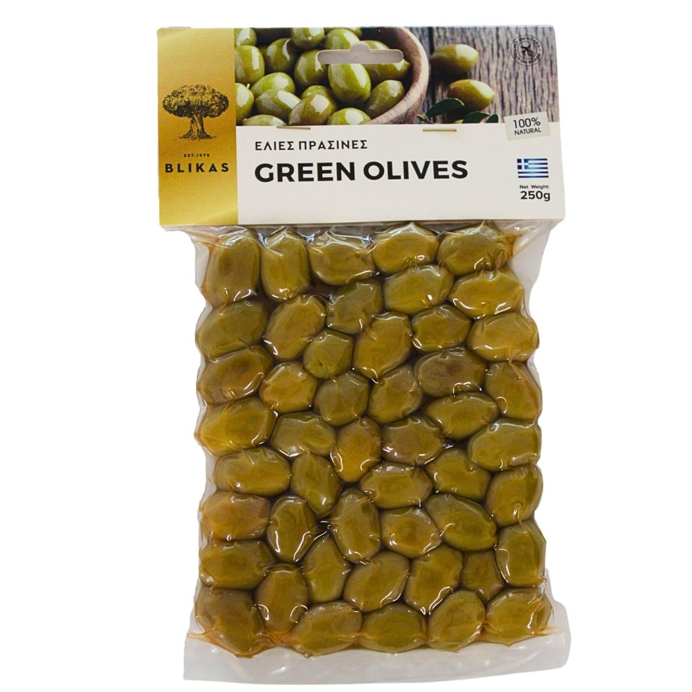 Blikas Greek Green Olives  Pack of 2 x 250g (Total 500g)  Handpicked, Whole Green Olives in Brine  Authentic Mediterranean Flavour