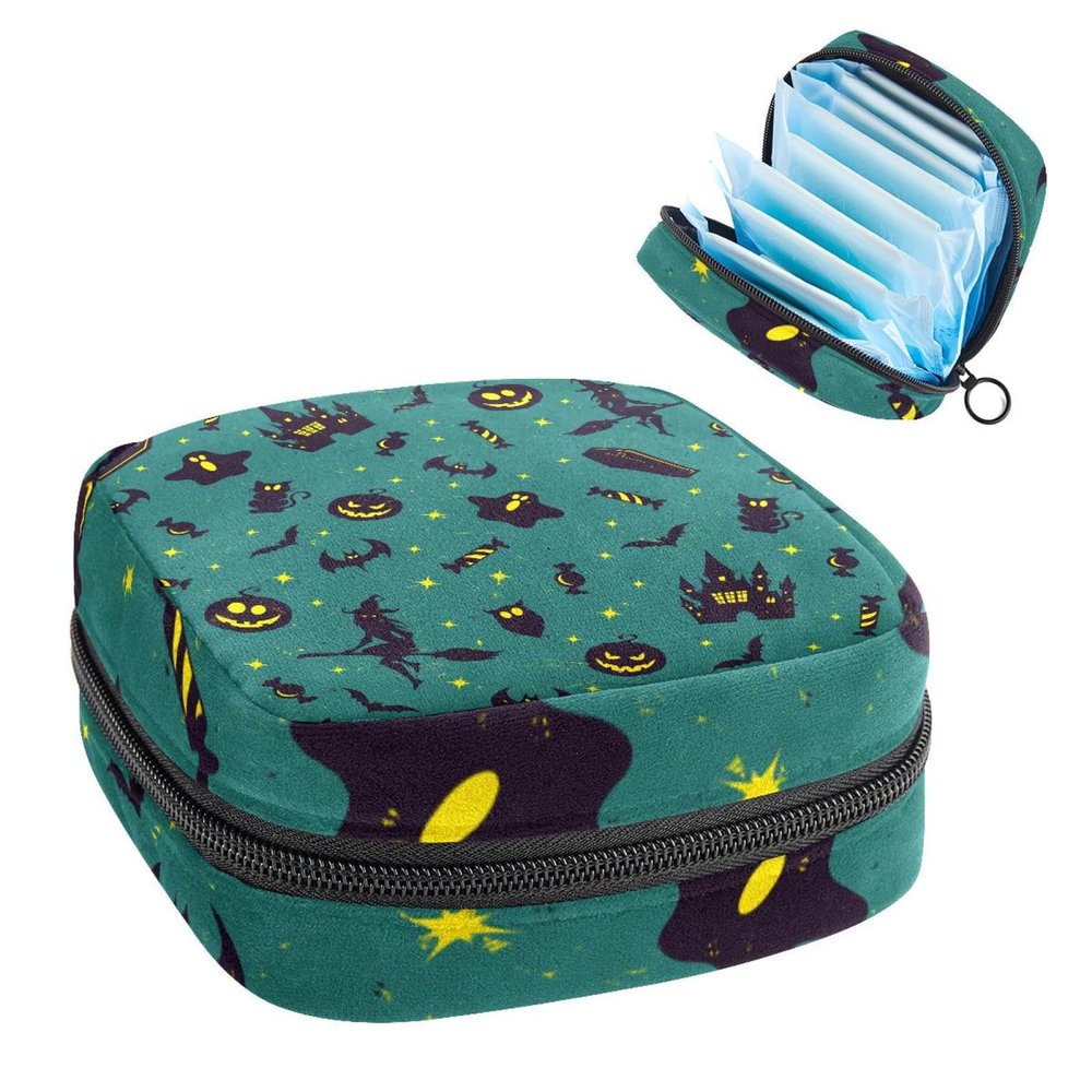 Sanitary Napkin Storage Bag, Portable Menstrual Cup Pouch, First Period Bag for Women Girls, Happy Halloween-303 Zipper Menstruation Padded Purser