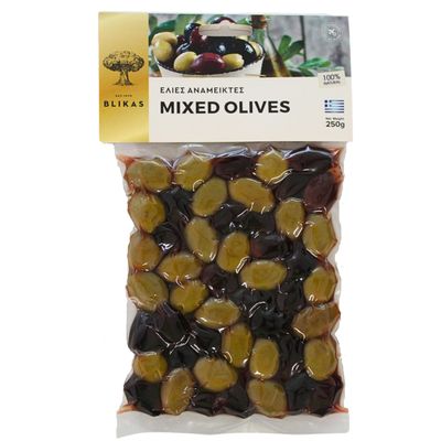 Blikas Greek Mixed Green & Kalamata Olives  Pack of 2 x 250g (Total 500g)  Whole Olives in Brine  Authentic Greek Flavour