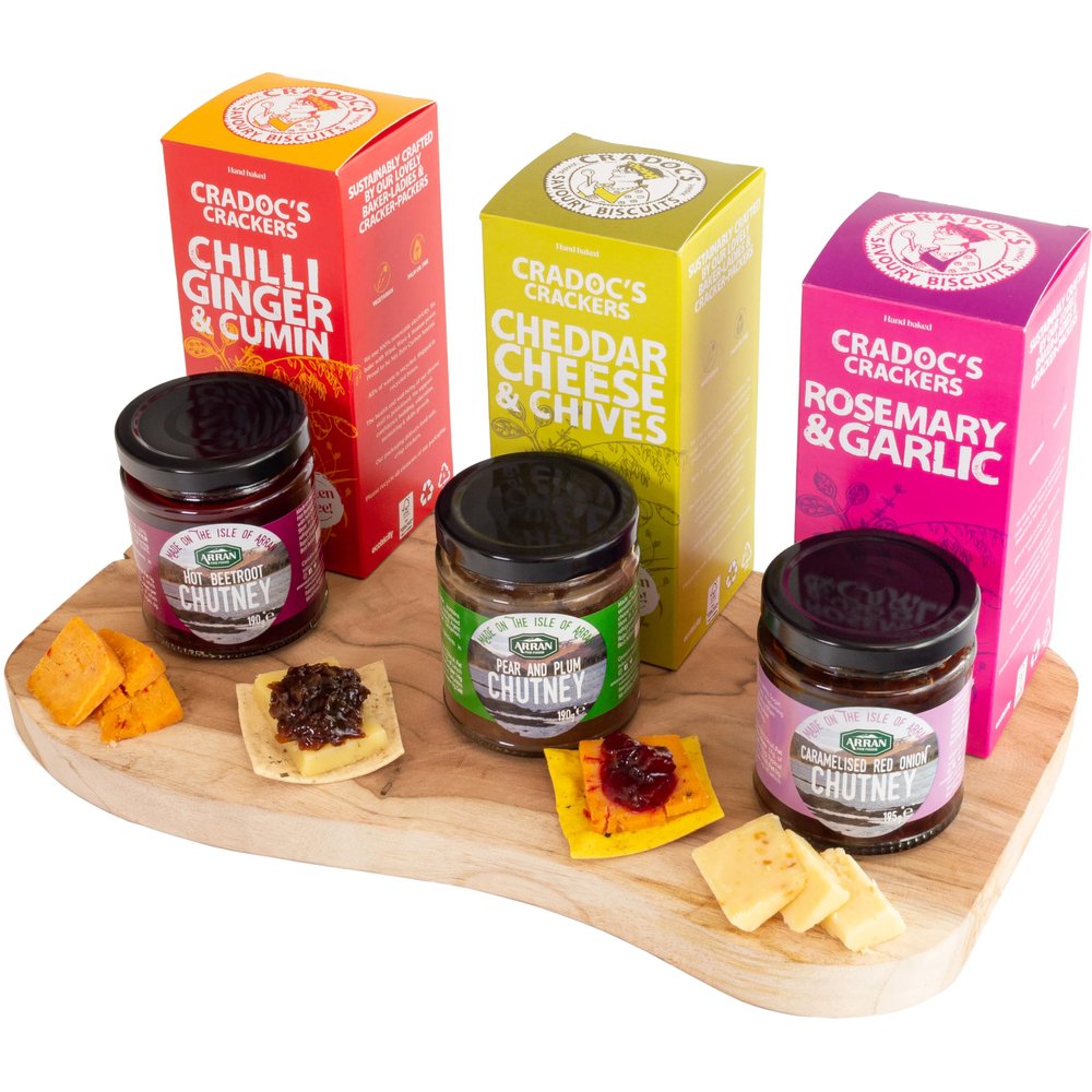 InterCheese | Crackers & Chutneys Selection Trio Hamper including Cheese & Chives, Chilli, Ginger & Cumin, Rosemary & Garlic Crackers with Pear & Plum, Hot Beetroot, Caramelised Onion Chutney