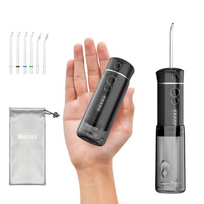 Water Flosser Cordless Travel, Mini Oral Irrigator with Telescopic Water Tank, 5 Modes, 6 Jet Tips, IPX7 Waterproof Electric Portable Water Teeth Cleaner Picks for Braces Bridges Care