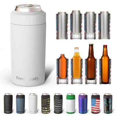 Frost Buddy Universal 2.0 5 Sizes in 1 Insulated Can Cooler - Stainless Steel Can Cooler for 12 oz & 16 oz Regular or Slim Cans & Bottles - Stainless Steel