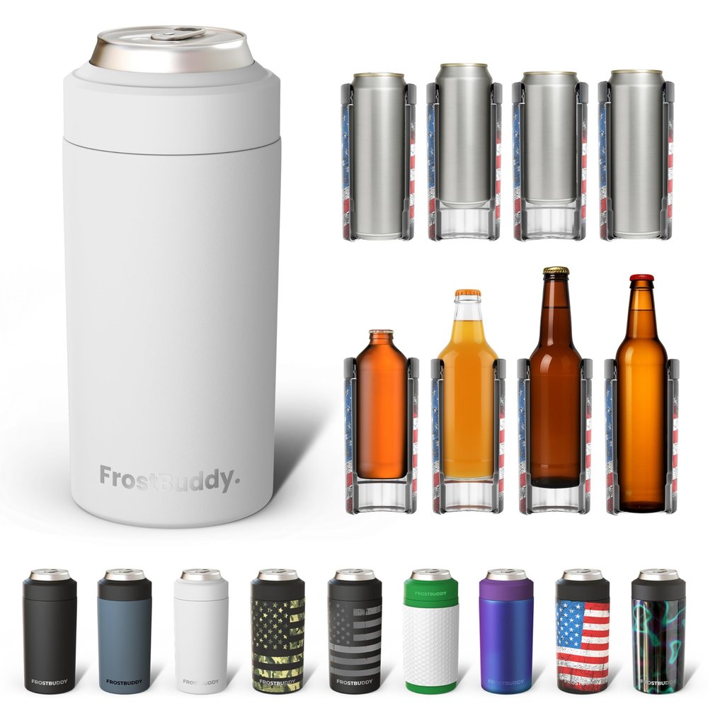Frost Buddy Universal 2.0 5 Sizes in 1 Insulated Can Cooler - Stainless Steel Can Cooler for 12 oz & 16 oz Regular or Slim Cans & Bottles - Stainless Steel