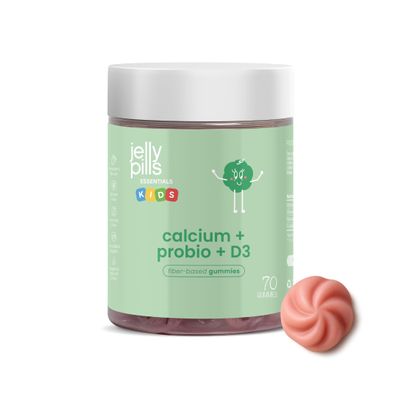 Jelly Pills Calcium for Kids + Probiotics & Vitamins D3 and K2-70 Vegan Gummies - No Added Sugars - Strawberry Flavor - Bone & Teeth Support
