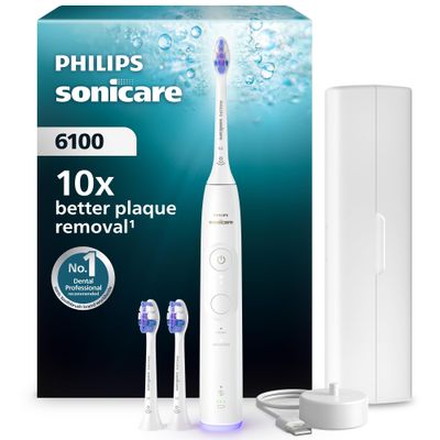 Philips Sonicare 6100 Electric Toothbrush, Sonic Toothbrush with 2 Brushing Modes and 3 Intensity Levels, Pressure Alert, EasyStart, SmarTimer, Travel Case, White, Model HX7400/02 [New Technology]