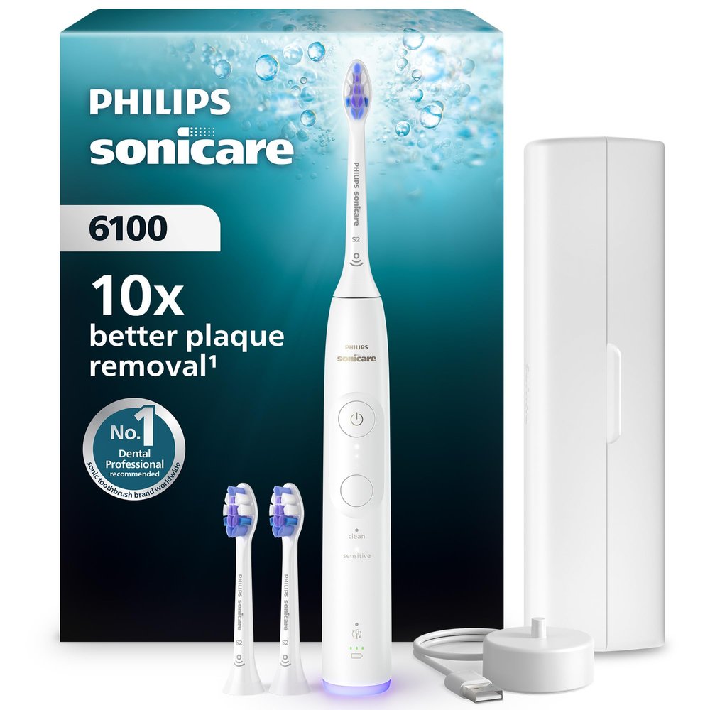 Philips Sonicare 6100 Electric Toothbrush, Sonic Toothbrush with 2 Brushing Modes and 3 Intensity Levels, Pressure Alert, EasyStart, SmarTimer, Travel Case, White, Model HX7400/02 [New Technology]