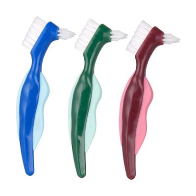 COLLBATH 3pcs Double-Head Cleaning Brush Set Hard Bristle Toothbrush for False Teeth Care Ergonomic Design in Red Green Blue for Comfortable to Hold and Effective Cleaning