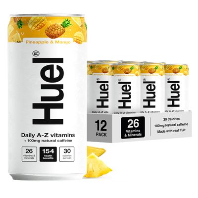 Huel Daily A-Z Vitamins Energy Drink, 12 x 330ml Cans, Pineapple & Mango Sparkling Multivitamin Energy Drink, Fizzy Drinks Made with Real Fruit, Rich in Electrolytes, Low Calorie, Caffeine Boost