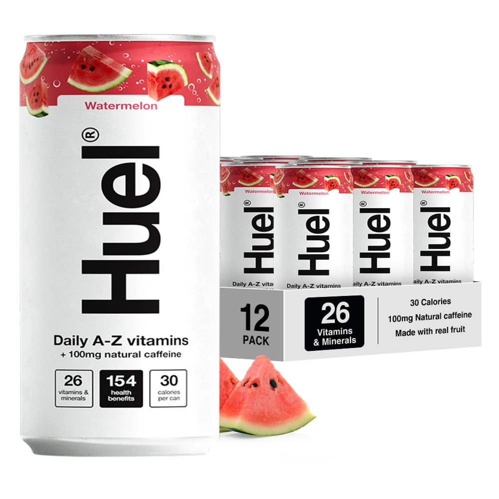 Huel Daily A-Z Vitamins Energy Drink, 12 x 330ml Cans, Watermelon Sparkling Multivitamin Energy Drink, Fizzy Drinks Made with Real Fruit, Rich in Electrolytes, Low Calorie, Caffeine Boost