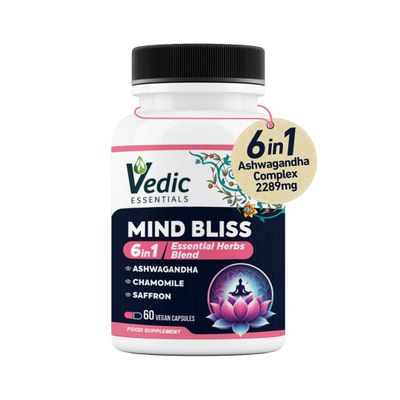Vedic Mind Bliss- Stress Relief & Sleep Aid | 6-in-1 Ashwagandha Complex +Chamomile +Saffron & More | High Strength Ashwagandha | Anxiety Relief, Calming, Mood Lift | 60 Vegan Capsules
