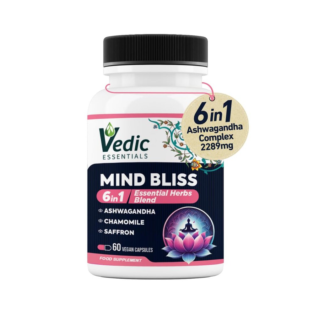 Vedic Mind Bliss- Stress Relief & Sleep Aid | 6-in-1 Ashwagandha Complex +Chamomile +Saffron & More | High Strength Ashwagandha | Anxiety Relief, Calming, Mood Lift | 60 Vegan Capsules