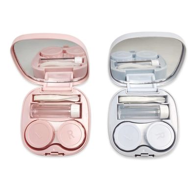 AIGOUT 2 PCS Travel Contact Lens Case with Mirror,Portable Travel Contact Lens Kit,Mini Contact Lens Holder Box with Tweezers & Suction Stick Blue Pink