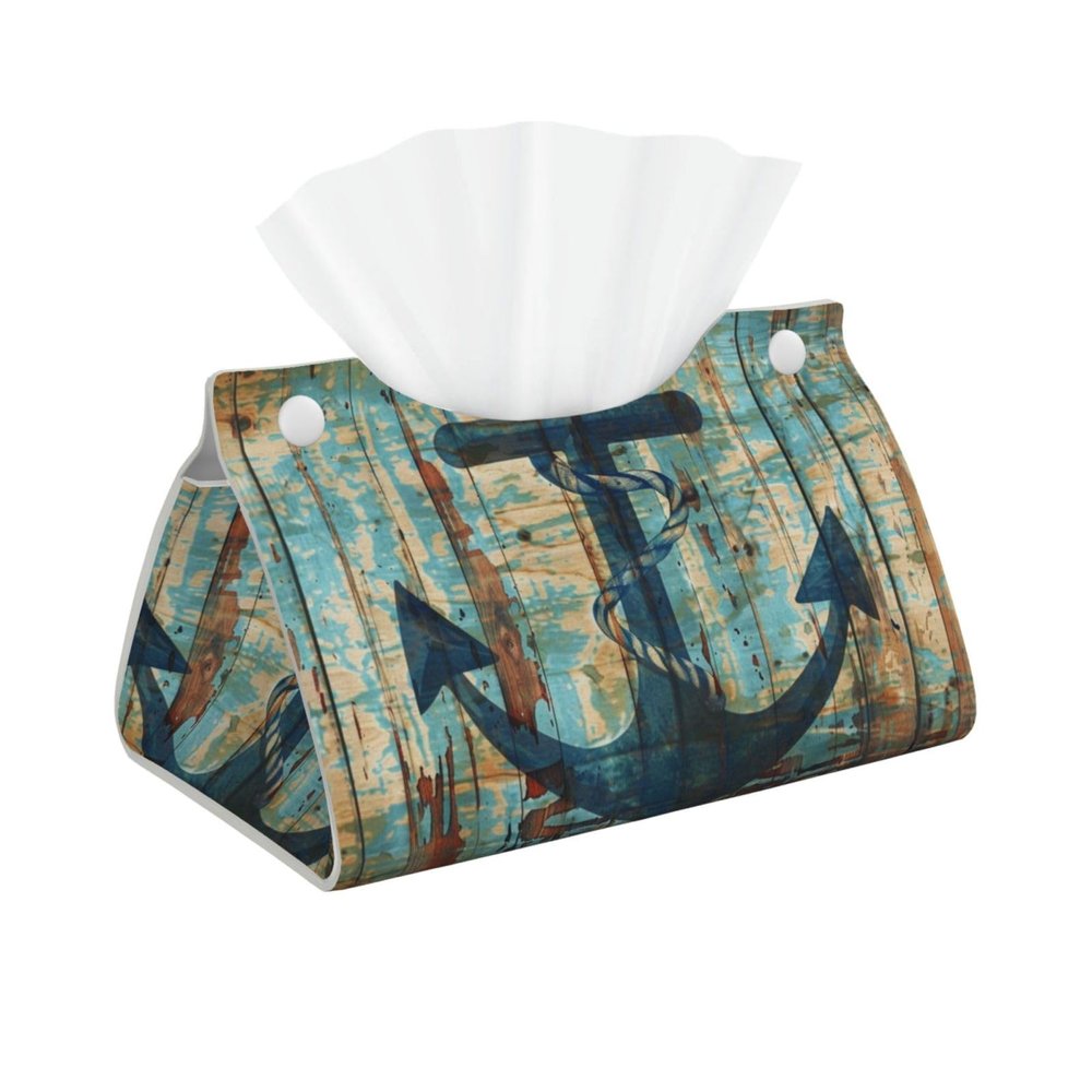 Anchor Painted on Wood Planks Tissue Box Cover, PVC Leather Tissue Box Holder, Stylish Tissue Box Organizer for Home, Car, Hotel, Office