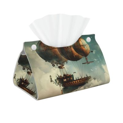 Steampunk Airship Flying in The Air Tissue Box Cover, Tissue Box Holder, Tissue Holders Decorative Organizer for Home Decor, Tabletop and Car