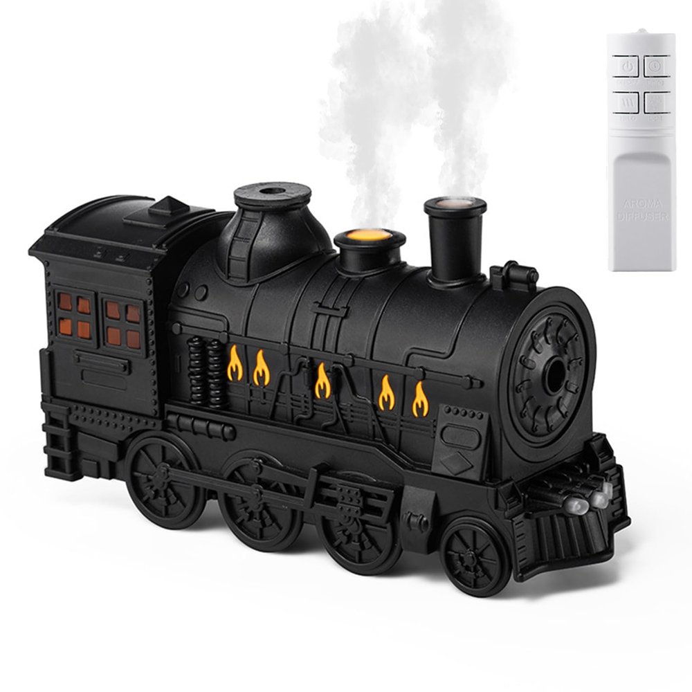 Steam Train Essential Oil Diffuser, 300ML Retro Train Aromatherapy Diffuser with Remote Control, 2 Color Lights, Cool Mist Humidifier with Auto Shut-Off Timer for Home Office Spa (Black)