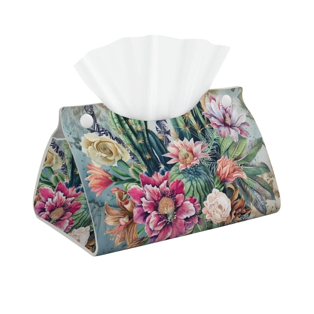 Cactus with Flowers and Feathers Tissue Box Cover, PVC Leather Tissue Box Holder Napkins Box Covers for Home/Office/Car Decoration